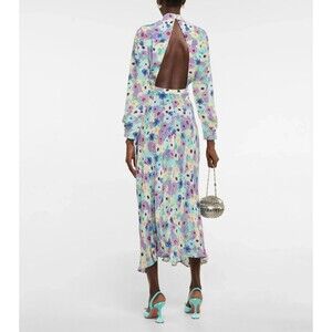 NEW Rixo Dani floral silk midi dress Lilac Ink X Large UK16 $520